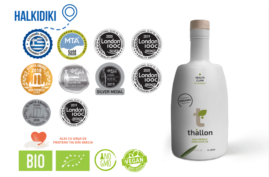 Ulei de măsline extravirgin bio, terapeutic, recoltă timpurie, Thallon - 350  ml (sticla)