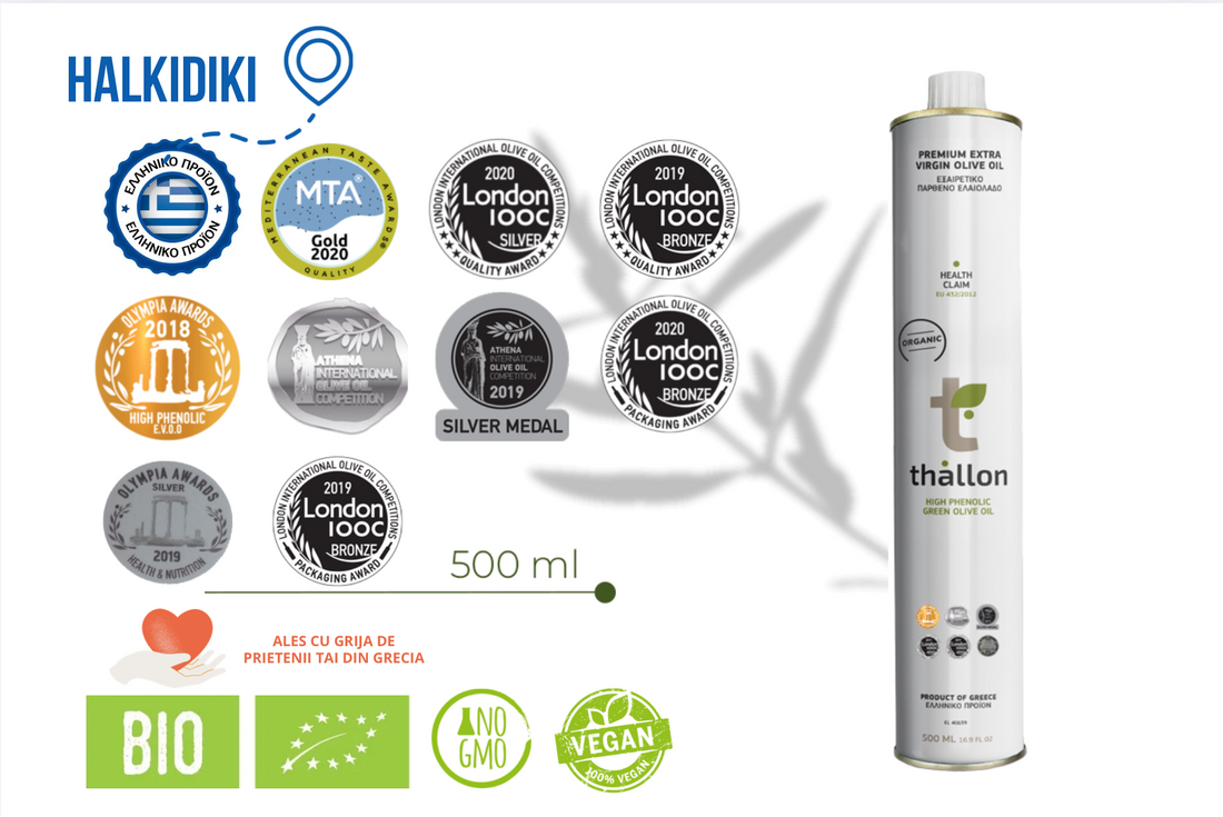 Ulei de măsline extravirgin bio, terapeutic, recoltă timpurie, Thallon - 500 ml